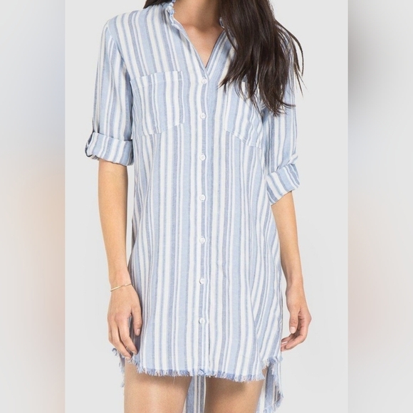 Cloth & Stone Small Blue and White Striped Frayed EUC 19 PTP - Picture 1 of 5